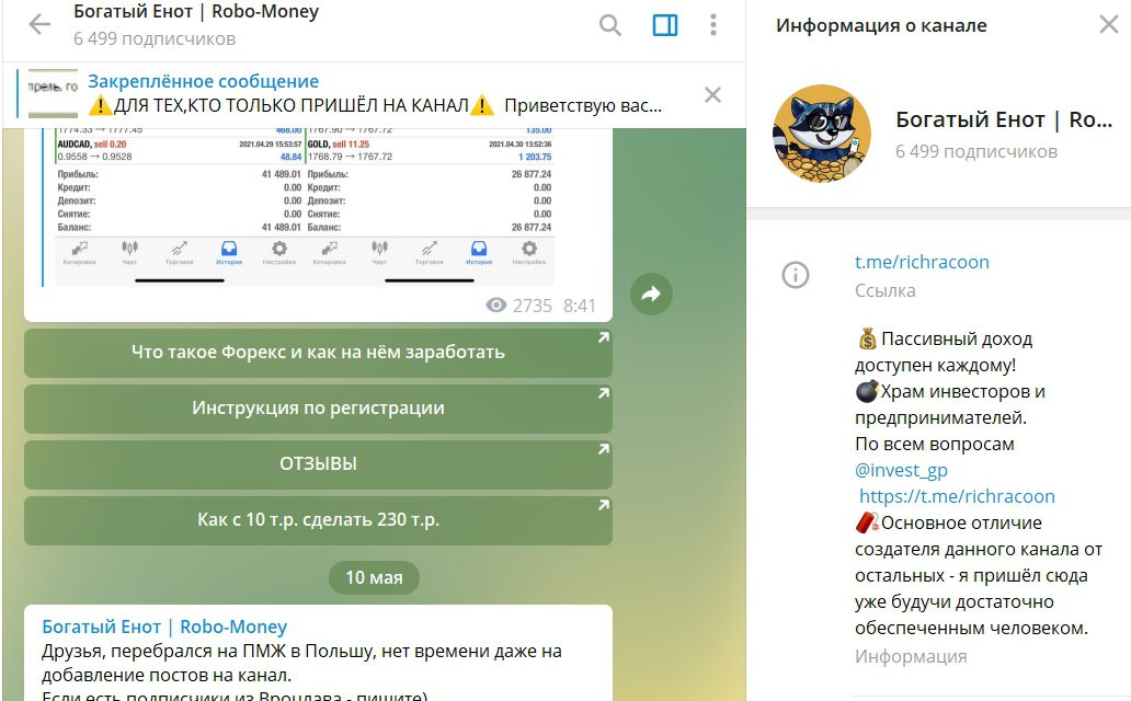 Телеграм робота Богатый Енот Robo Money