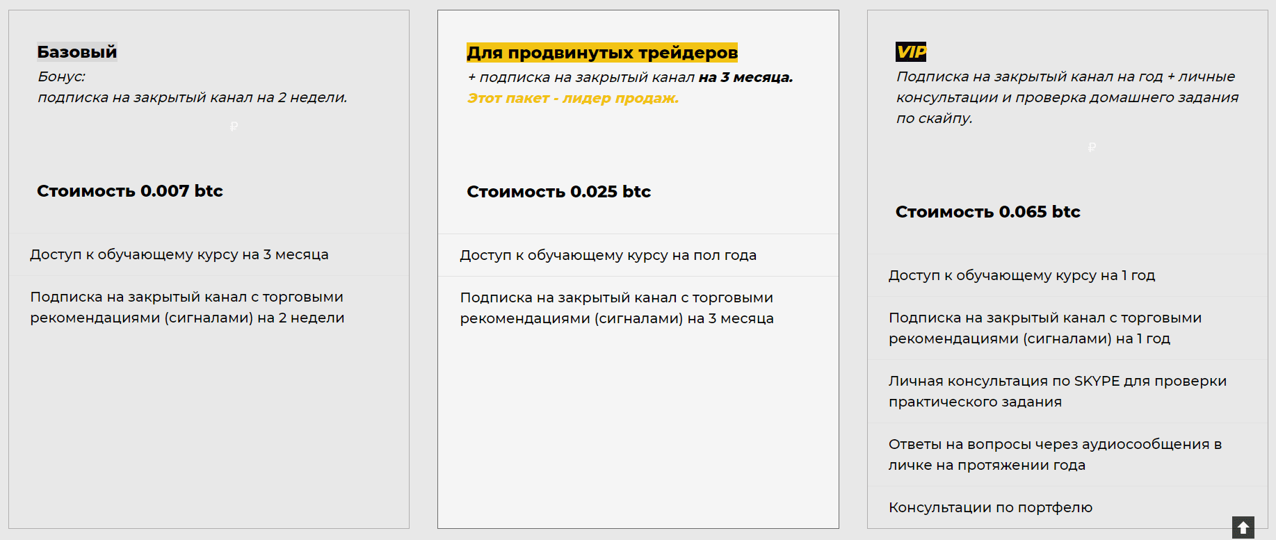 Тарифы подписки на закрытый канал