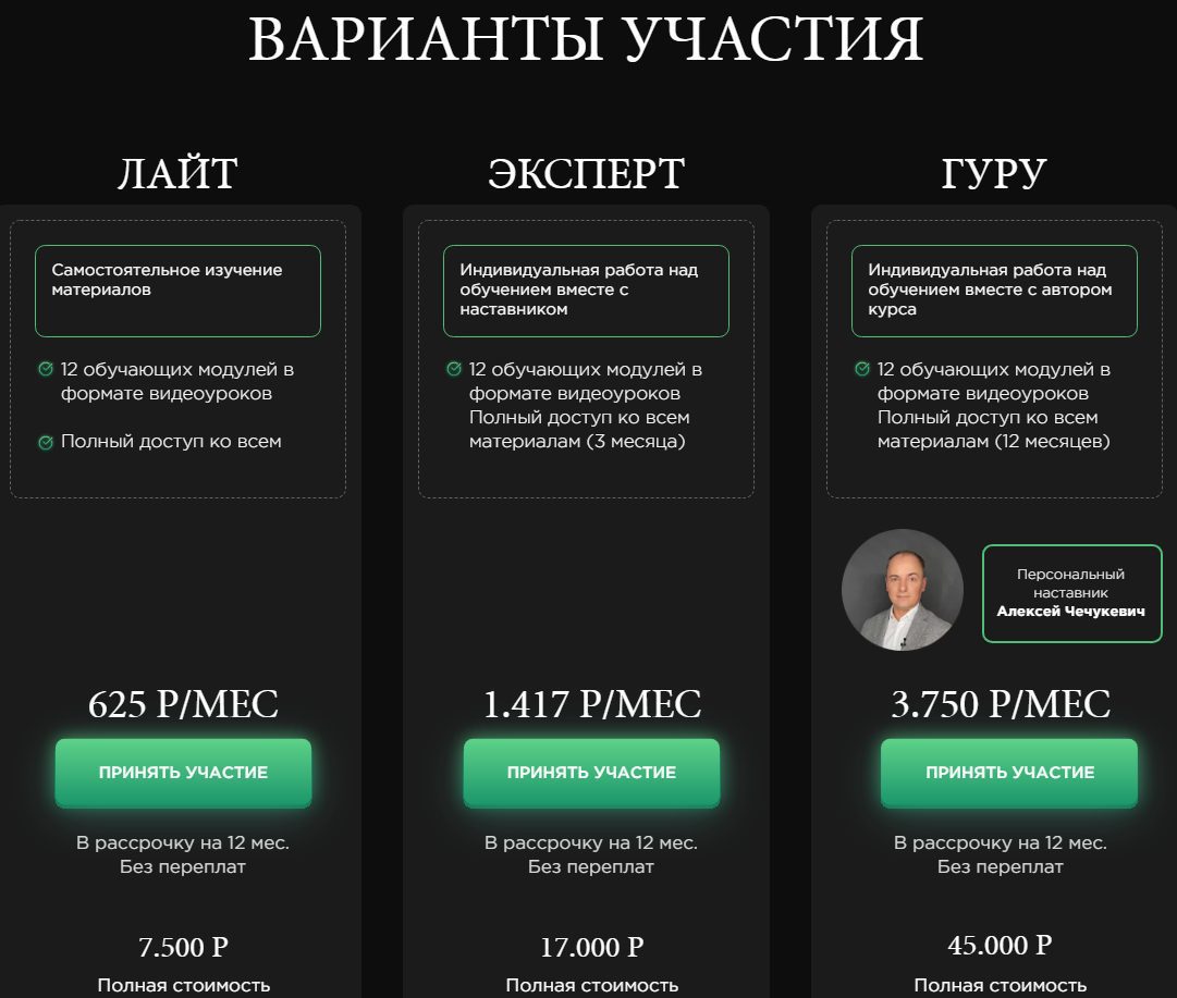 Варианты участия в обучении у Алексея Чечукевича