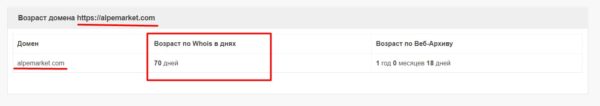 Возраст домена Alpe Market