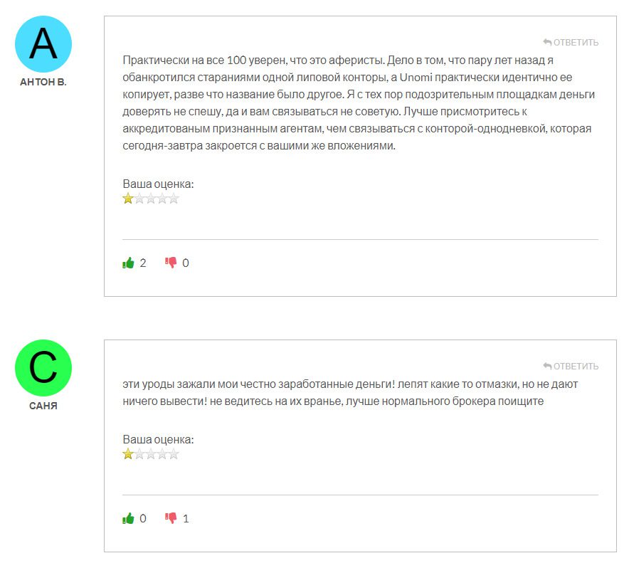 Отзывы клиентов о брокере Unomi