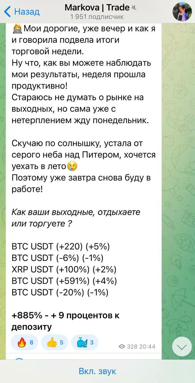 Отчет о прибыли на канале Markova Trade