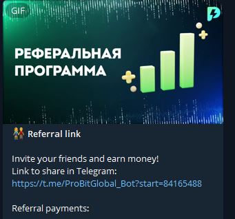 Реферальная программа сервиса Probitglobal bot